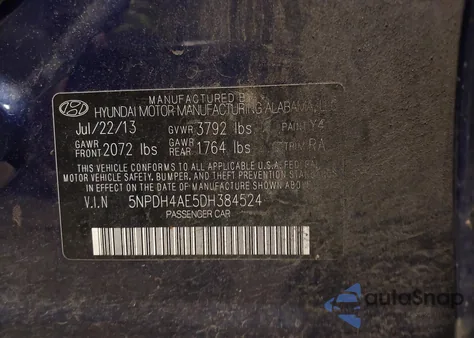 2013 Hyundai Elantra Gls z USA, uszkodzony, nr VIN 5NPDH4AE5DH384524